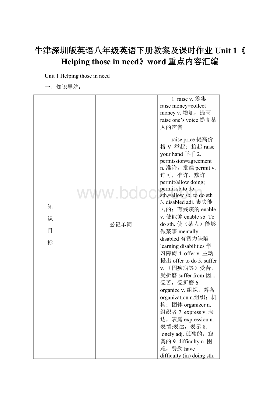 牛津深圳版英语八年级英语下册教案及课时作业Unit 1《Helping those in need》word重点内容汇编.docx