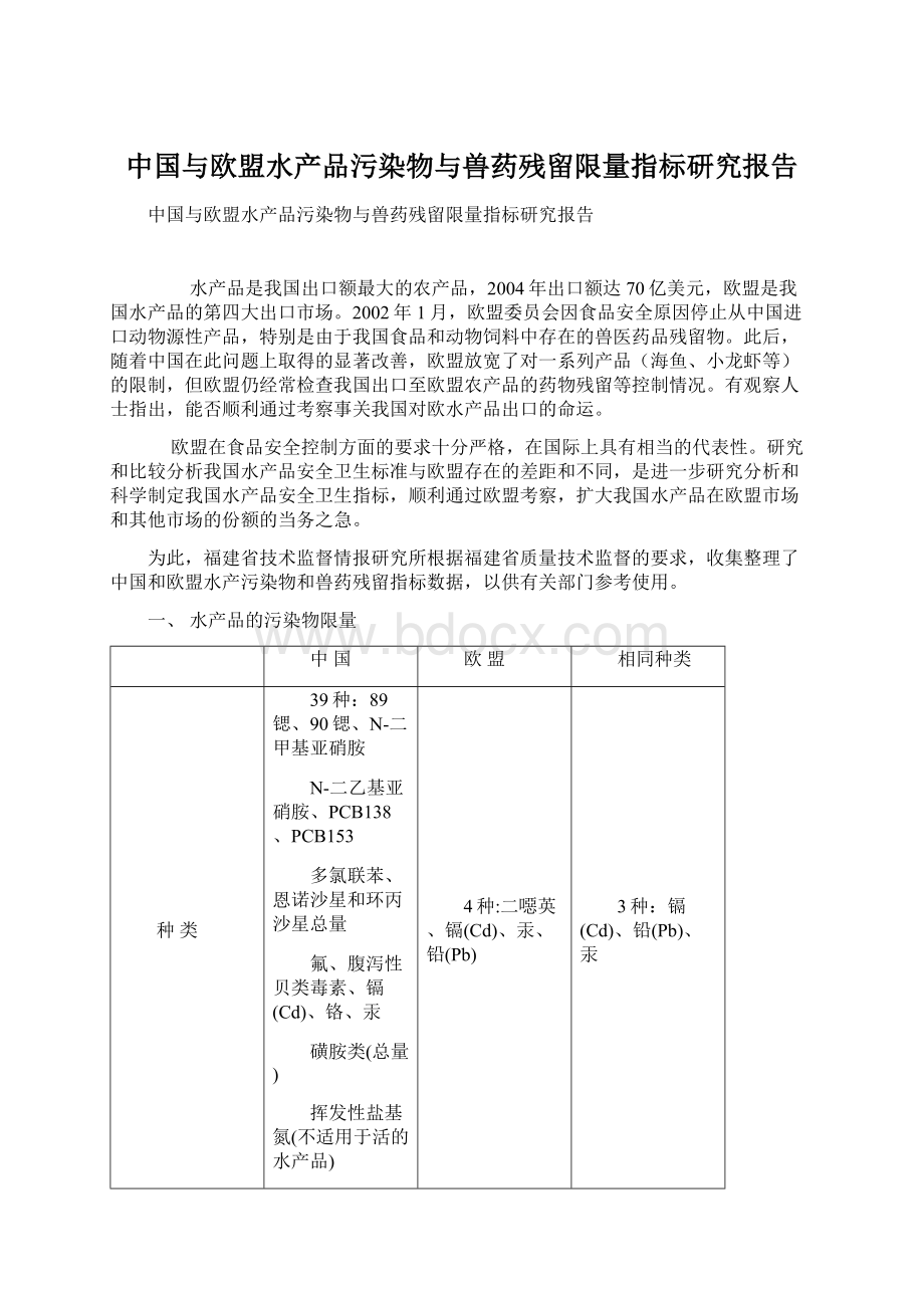 中国与欧盟水产品污染物与兽药残留限量指标研究报告.docx