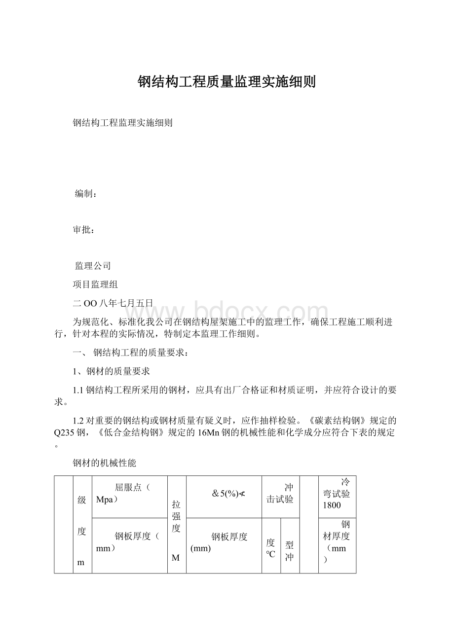 钢结构工程质量监理实施细则文档格式.docx