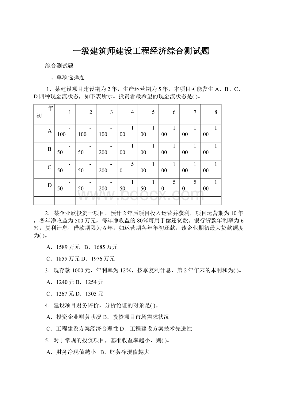 一级建筑师建设工程经济综合测试题Word文档格式.docx