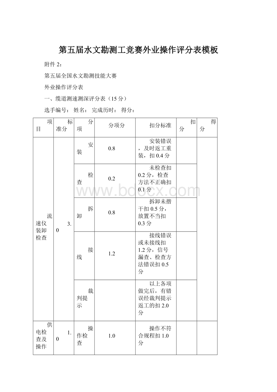 第五届水文勘测工竞赛外业操作评分表模板.docx