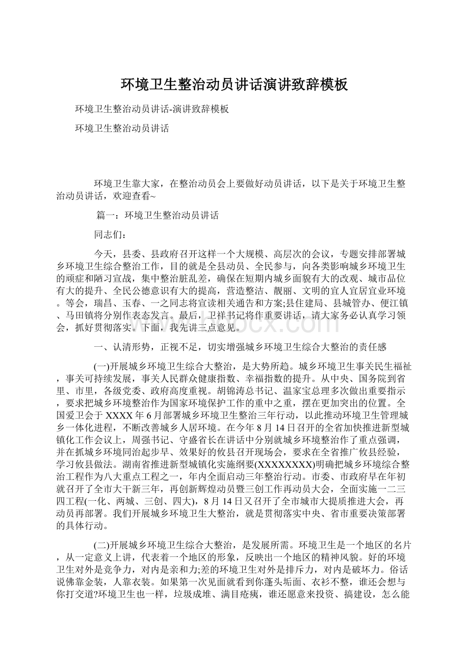 环境卫生整治动员讲话演讲致辞模板Word格式文档下载.docx