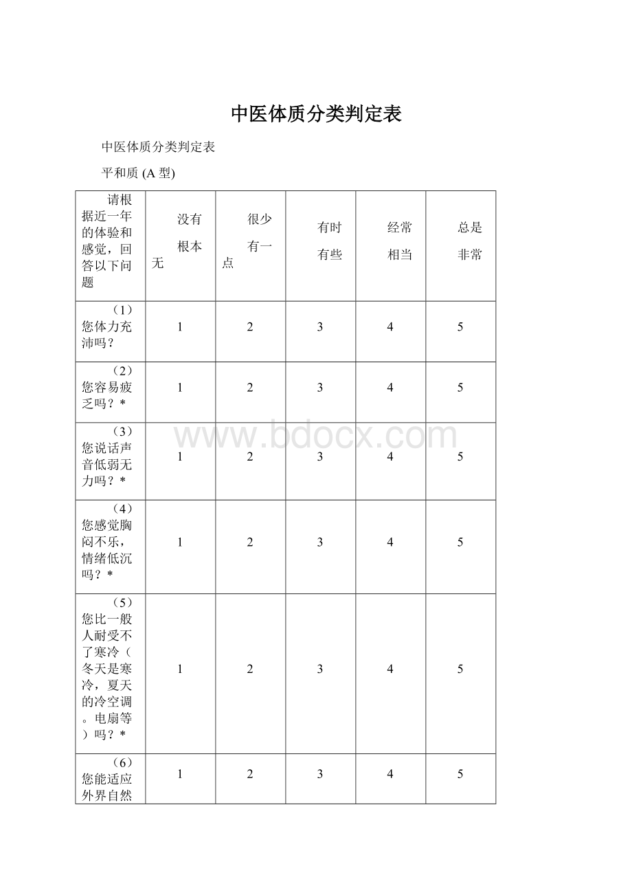 中医体质分类判定表Word下载.docx_第1页