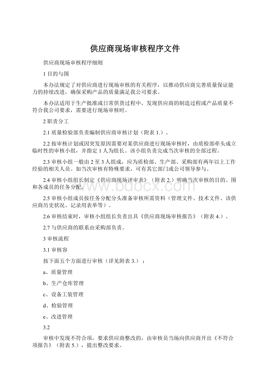 供应商现场审核程序文件Word文档格式.docx