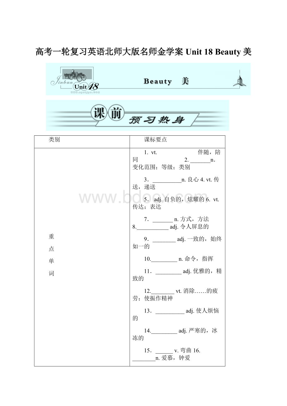 高考一轮复习英语北师大版名师金学案 Unit 18 Beauty 美Word下载.docx_第1页