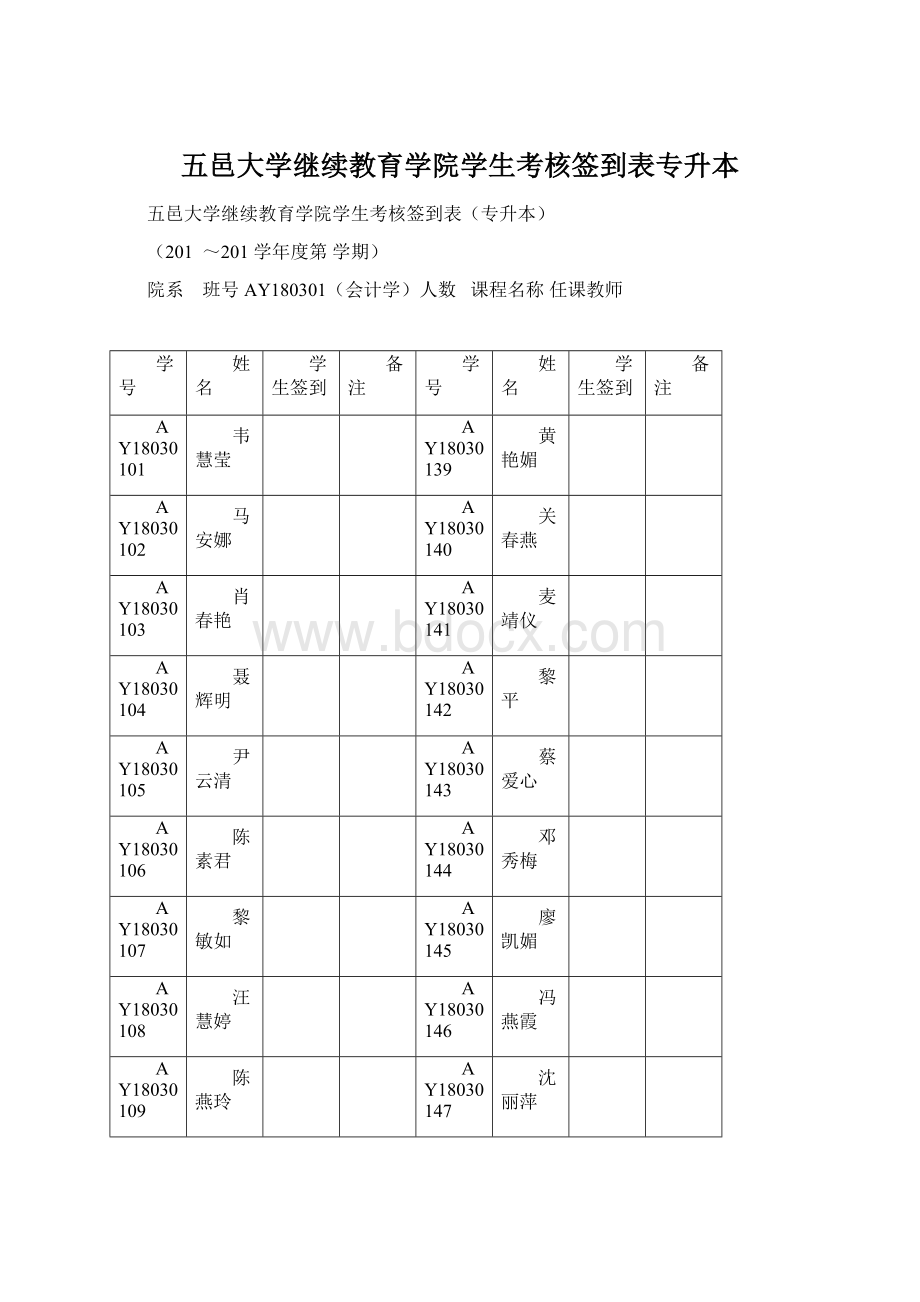 五邑大学继续教育学院学生考核签到表专升本Word文件下载.docx