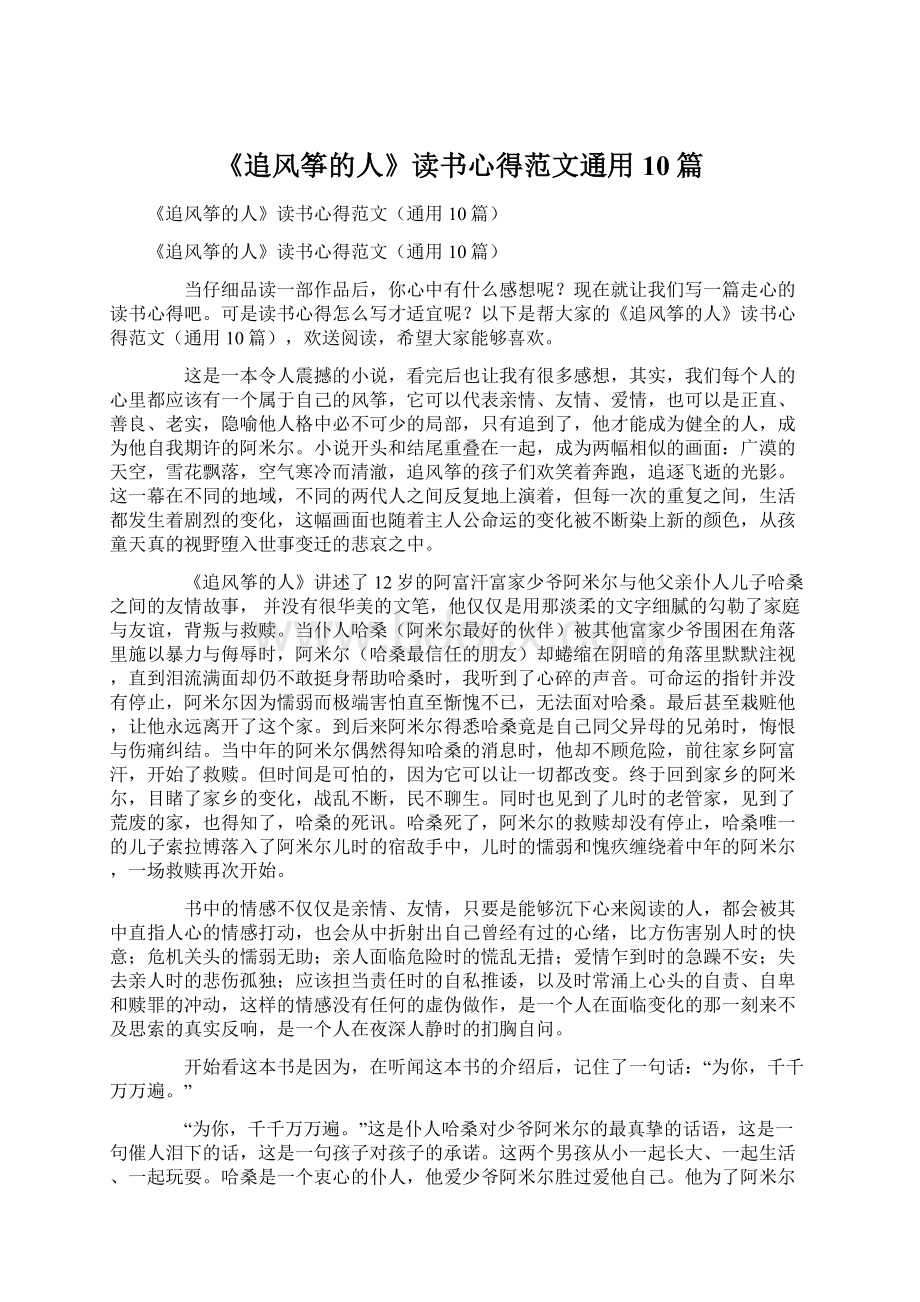 《追风筝的人》读书心得范文通用10篇.docx