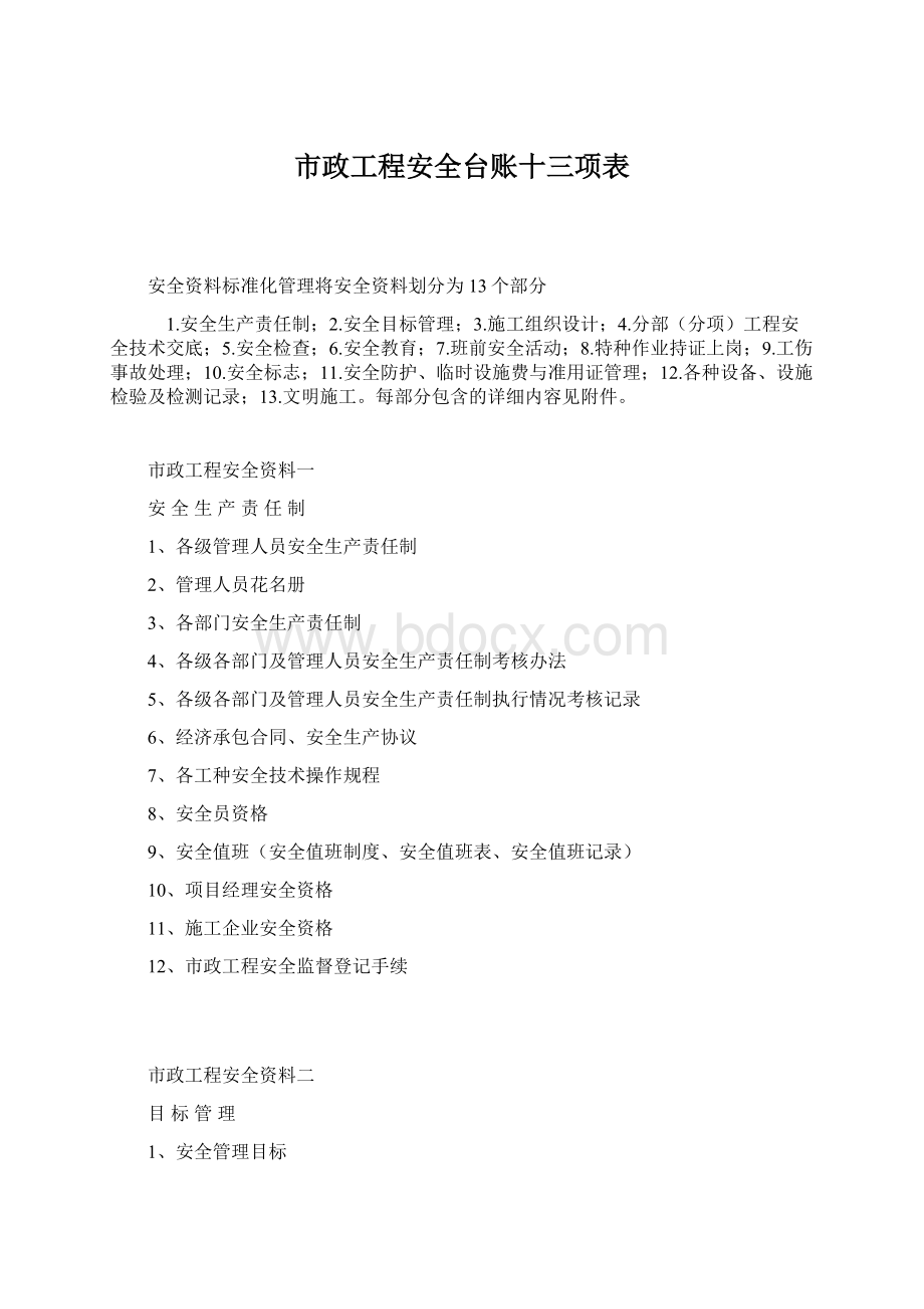 市政工程安全台账十三项表文档格式.docx