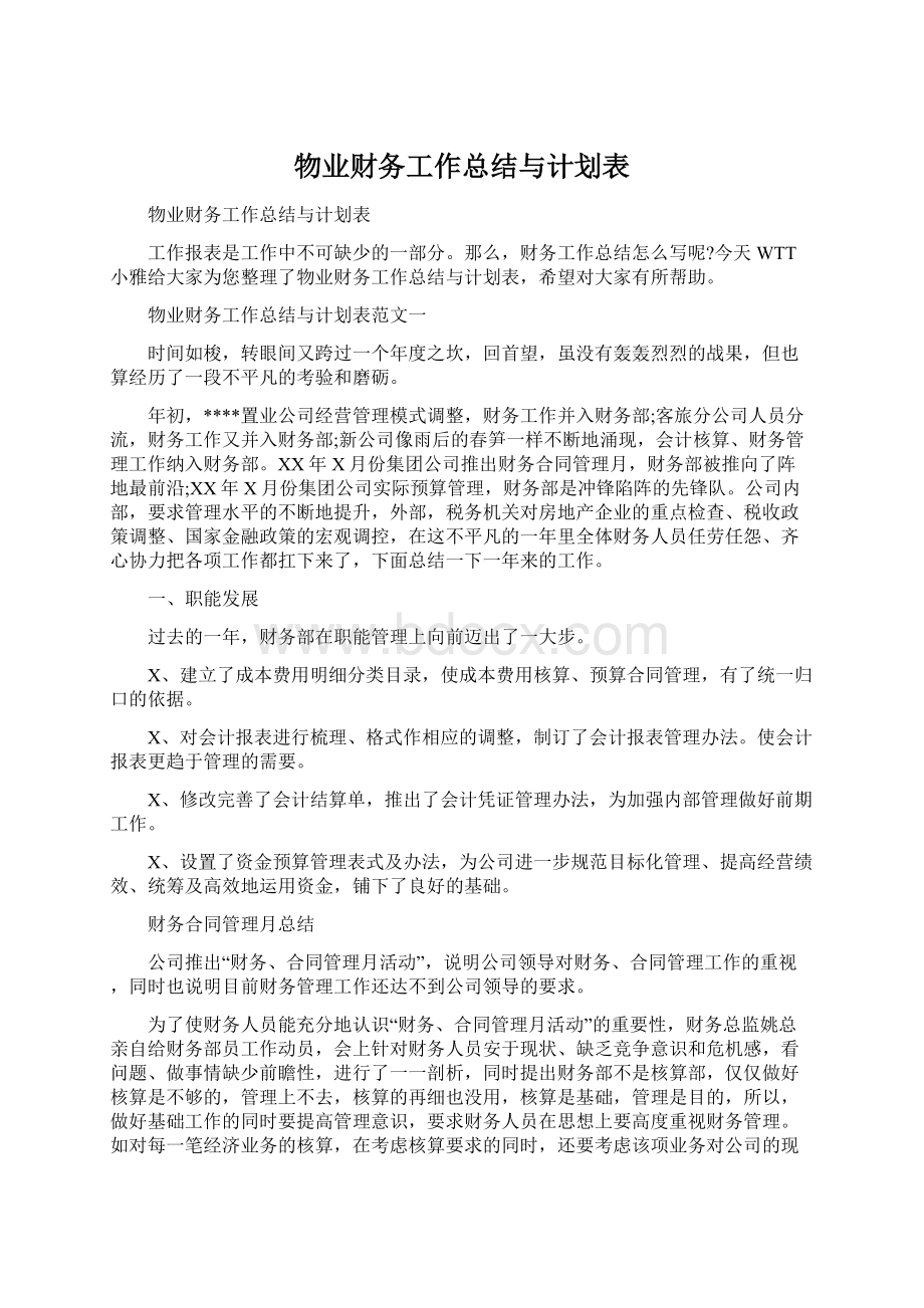 物业财务工作总结与计划表文档格式.docx_第1页