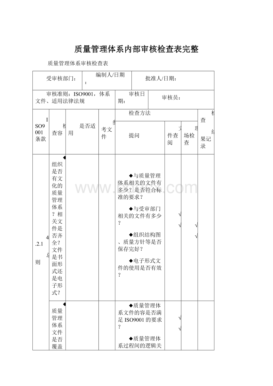 质量管理体系内部审核检查表完整.docx