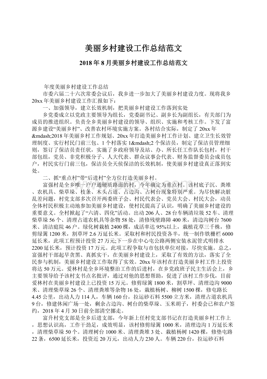 美丽乡村建设工作总结范文Word文件下载.docx_第1页