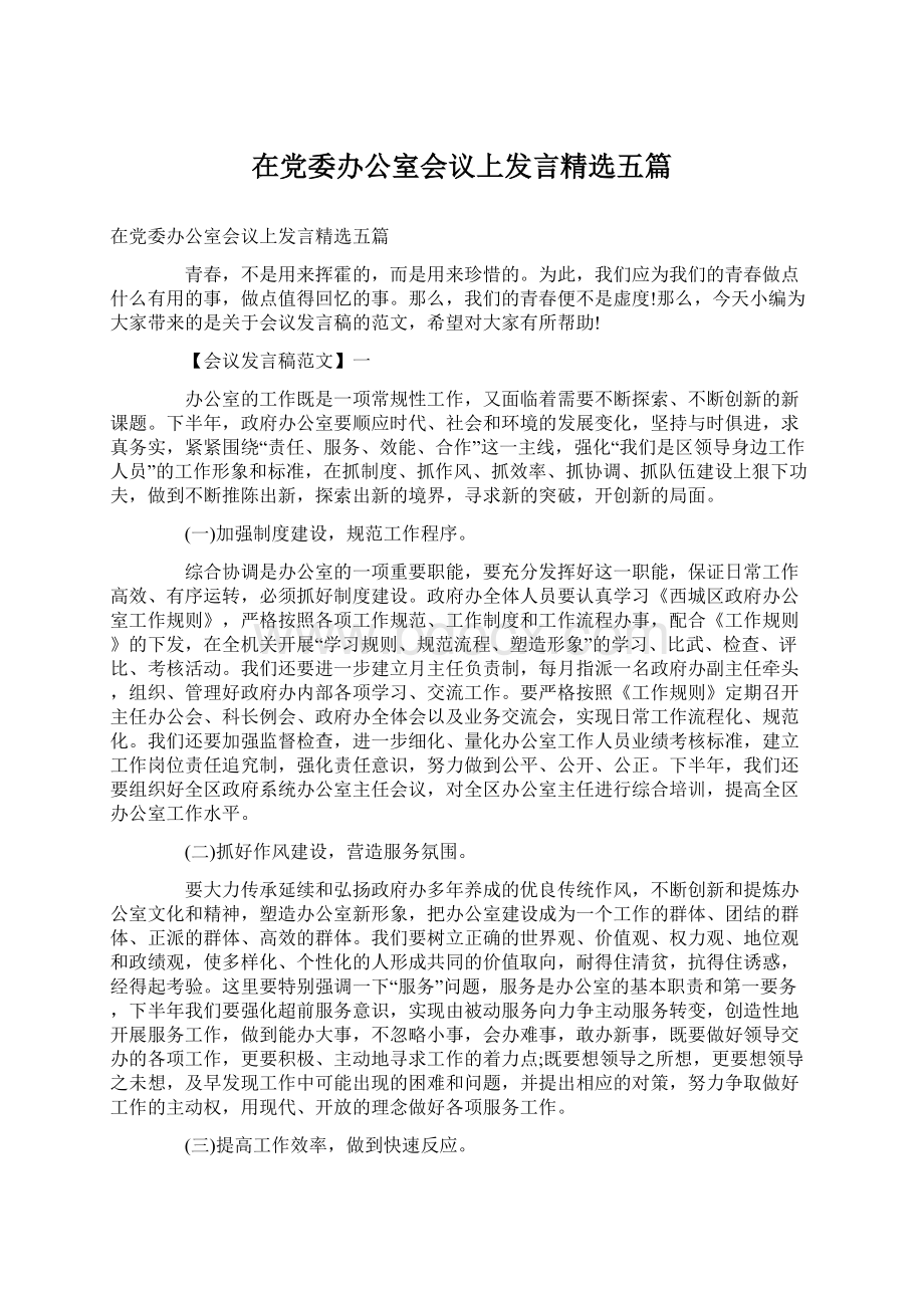 在党委办公室会议上发言精选五篇Word格式文档下载.docx