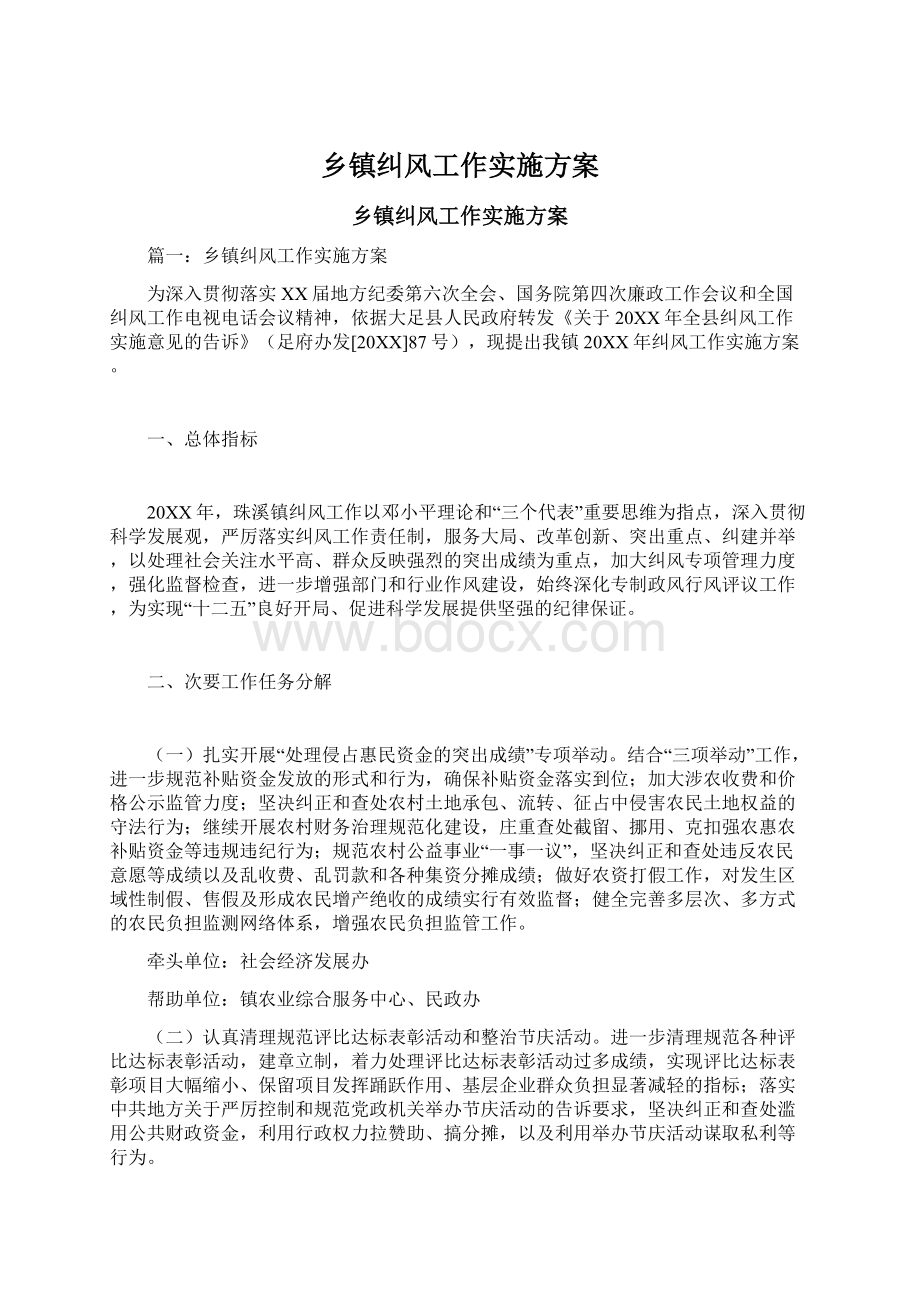 乡镇纠风工作实施方案文档格式.docx