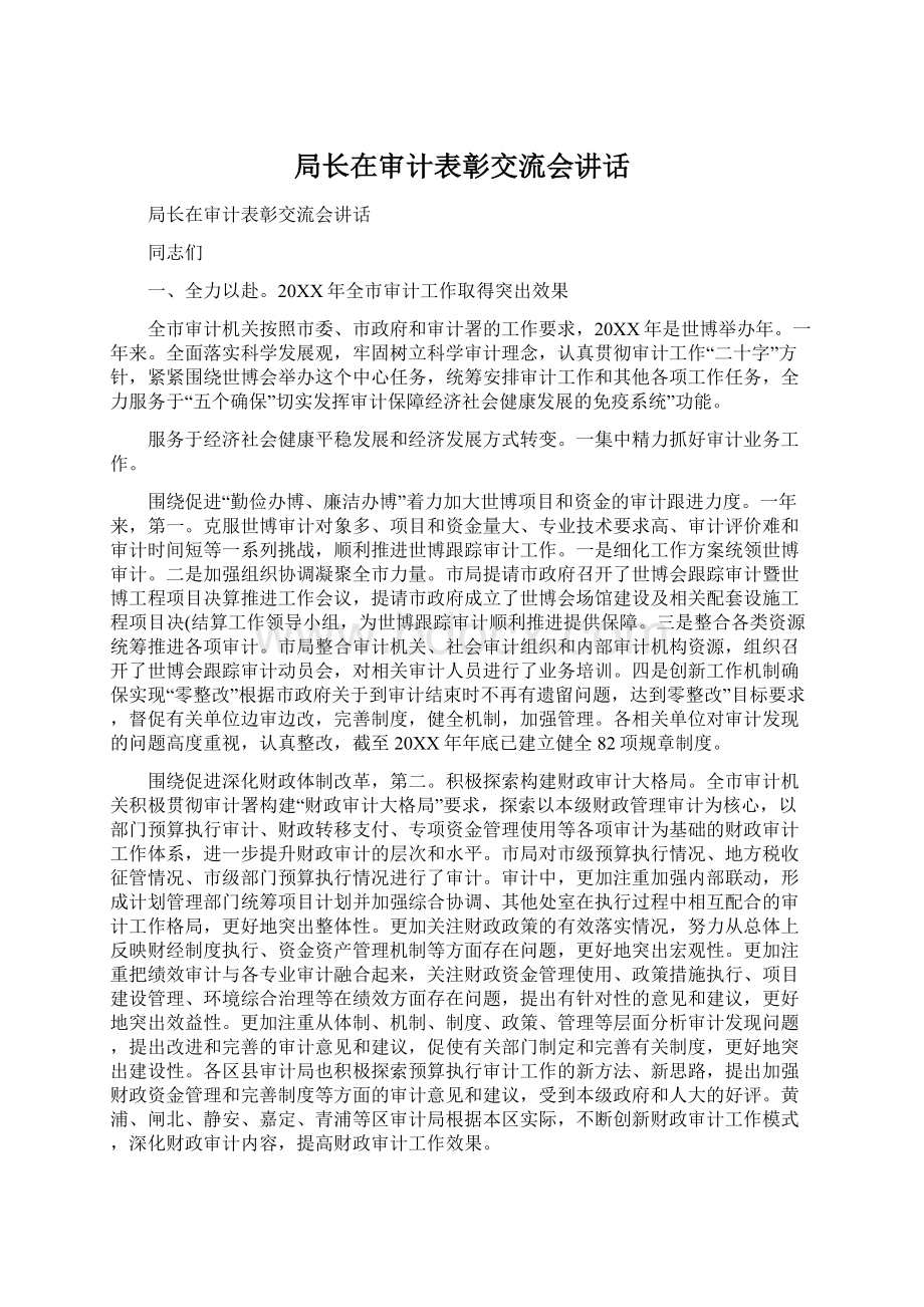 局长在审计表彰交流会讲话文档格式.docx