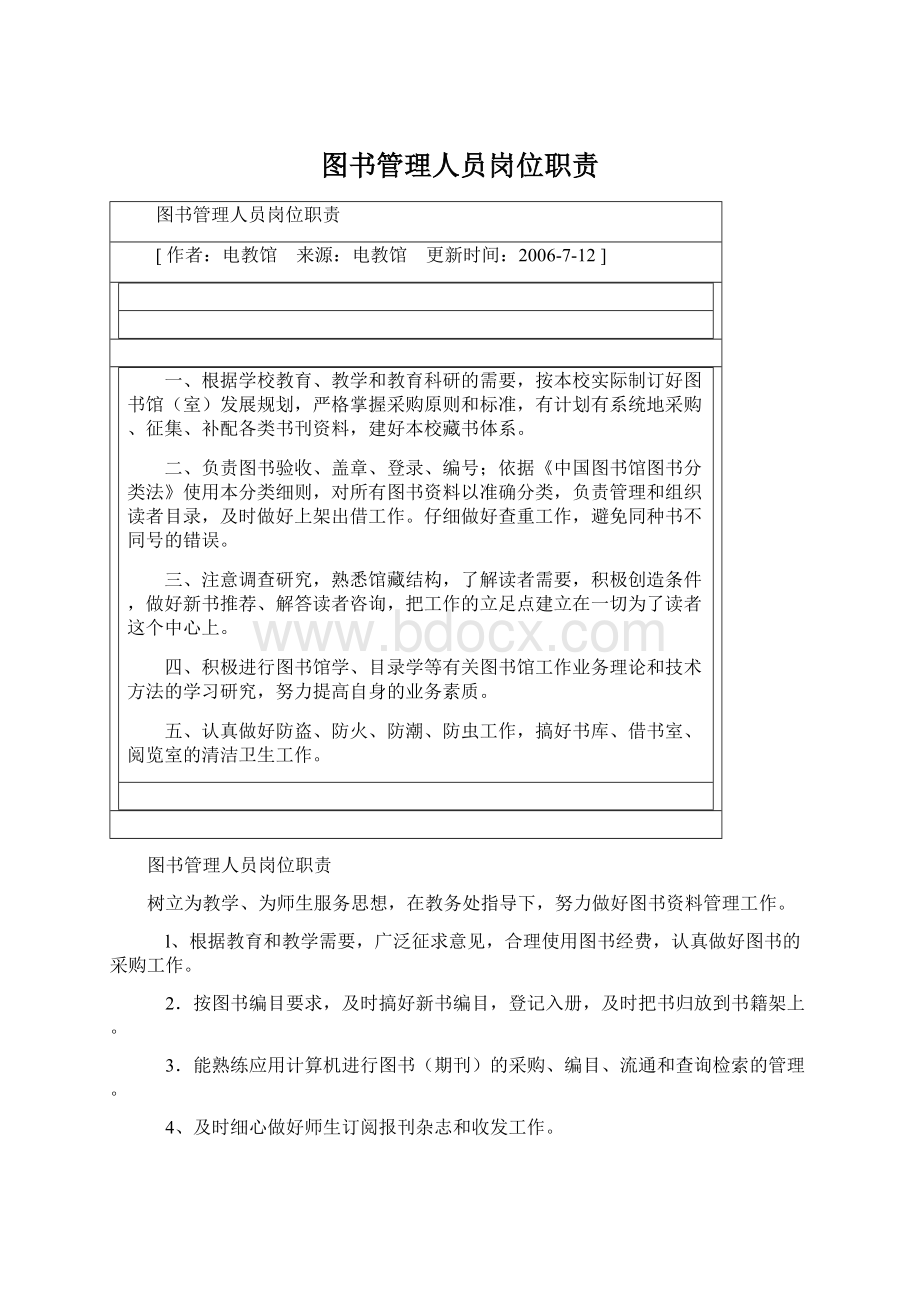 图书管理人员岗位职责Word文件下载.docx_第1页