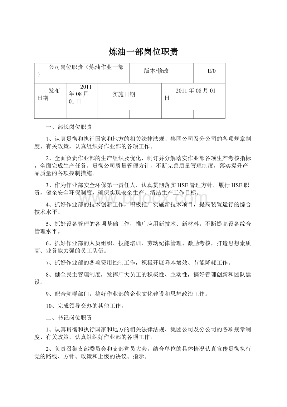 炼油一部岗位职责Word格式文档下载.docx