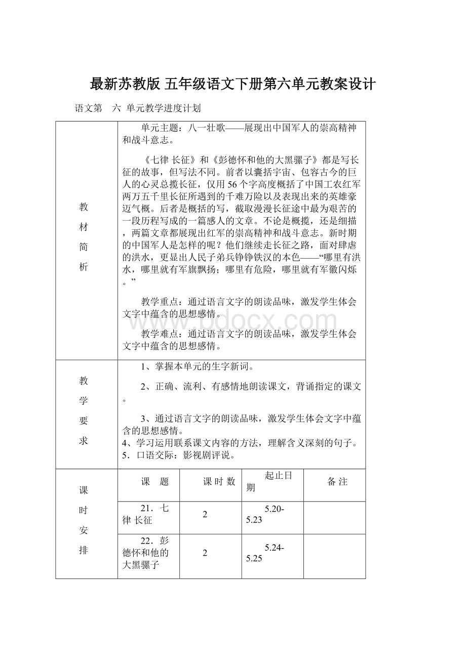 最新苏教版 五年级语文下册第六单元教案设计.docx_第1页