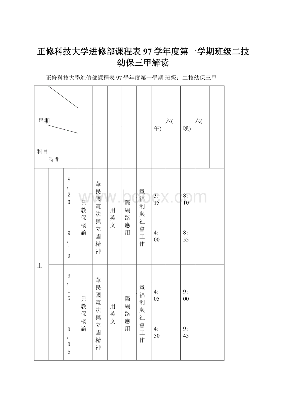 正修科技大学进修部课程表97学年度第一学期班级二技幼保三甲解读Word下载.docx