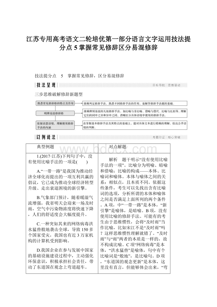 江苏专用高考语文二轮培优第一部分语言文字运用技法提分点5掌握常见修辞区分易混修辞Word格式.docx_第1页