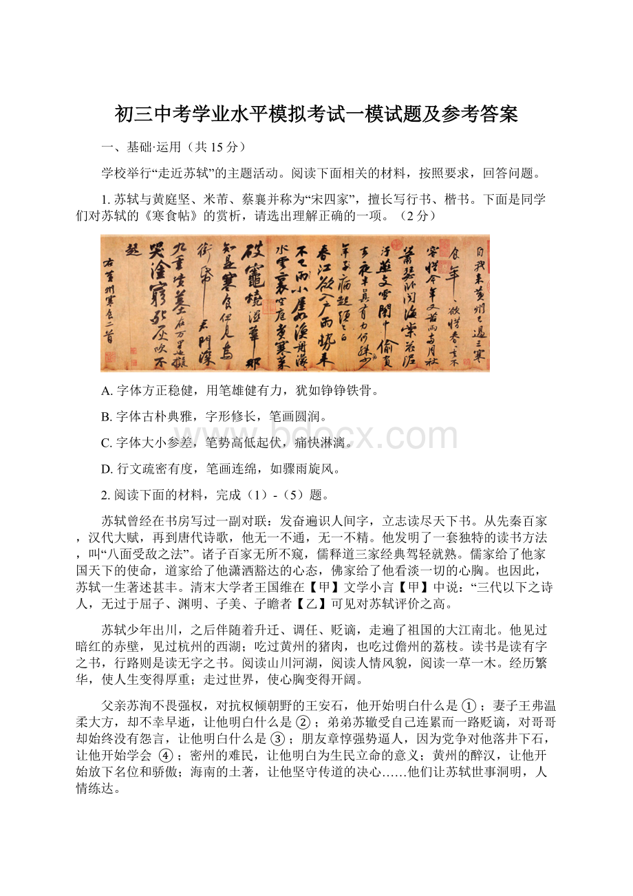 初三中考学业水平模拟考试一模试题及参考答案.docx_第1页