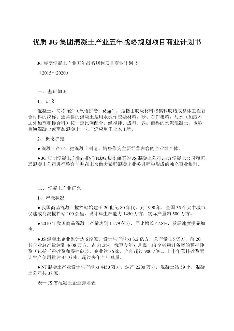 优质JG集团混凝土产业五年战略规划项目商业计划书.docx_第1页