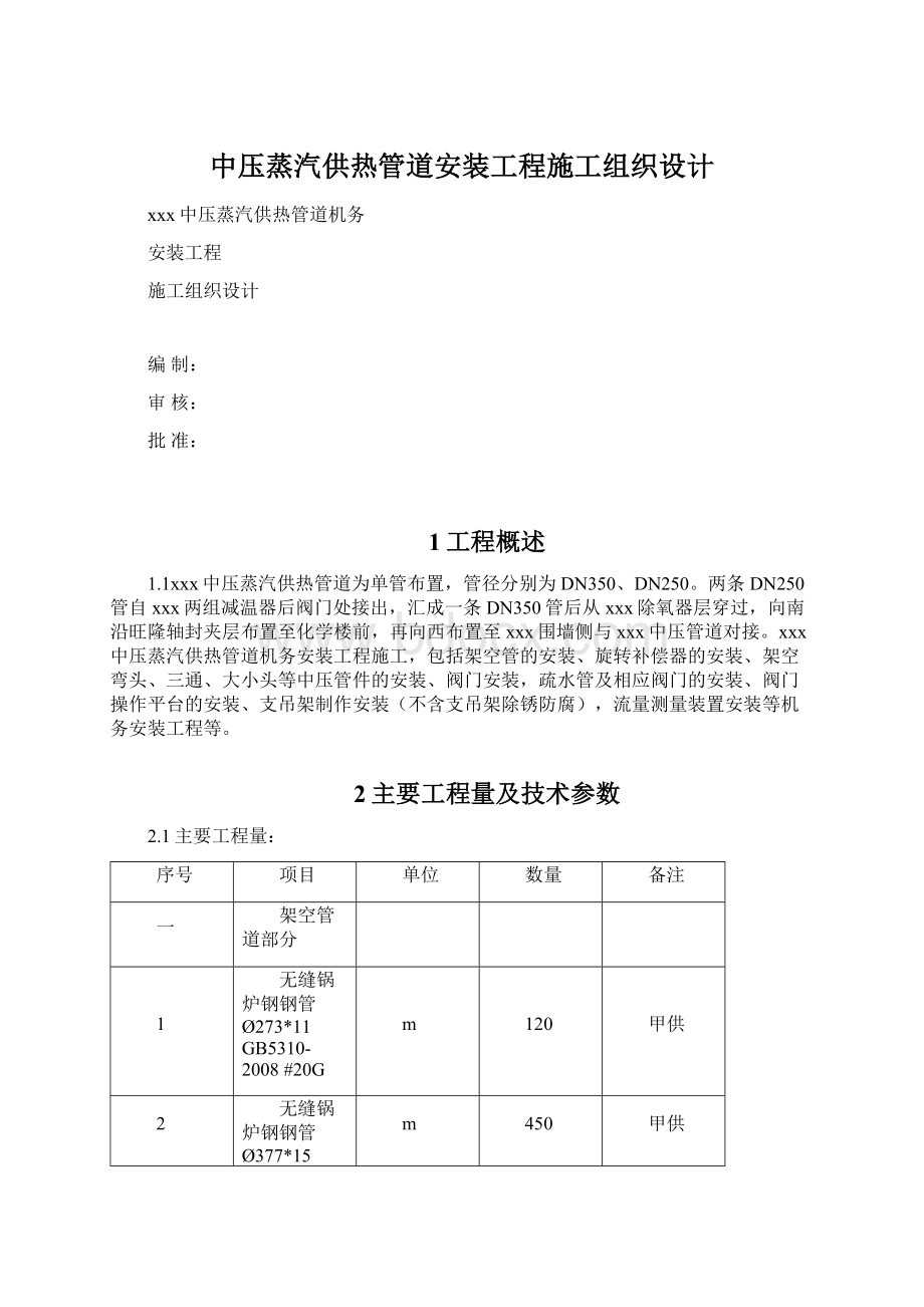 中压蒸汽供热管道安装工程施工组织设计Word文档格式.docx