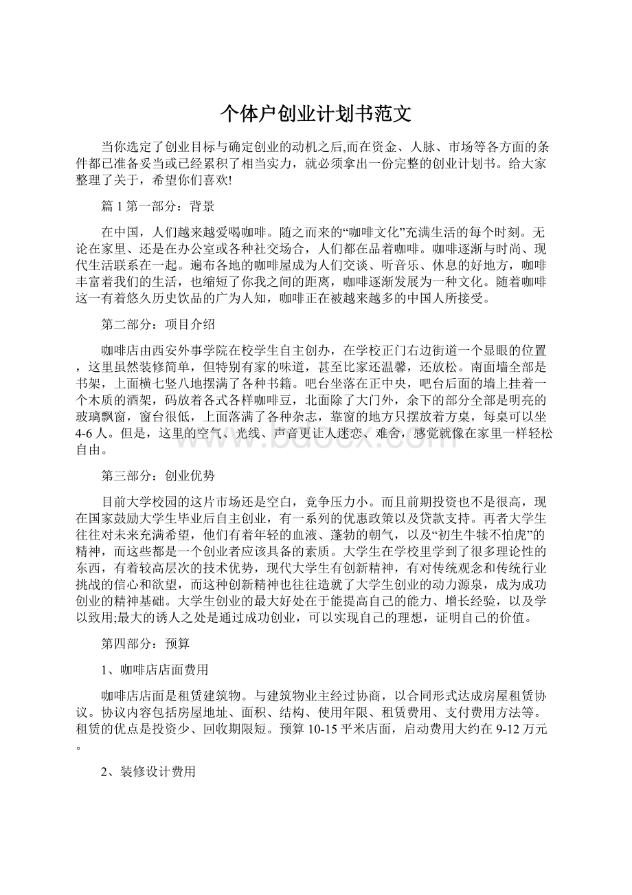 个体户创业计划书范文文档格式.docx