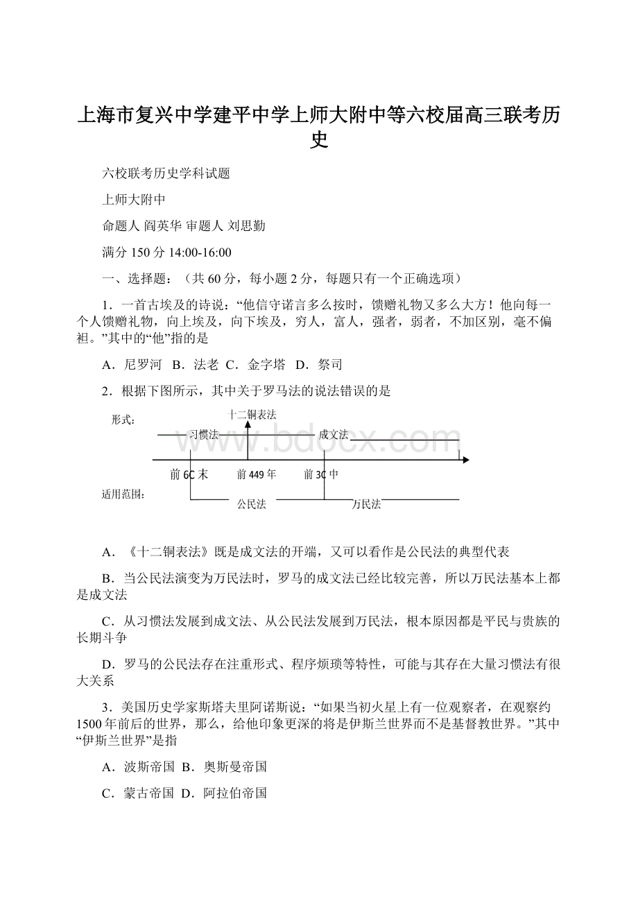 上海市复兴中学建平中学上师大附中等六校届高三联考历史Word文档下载推荐.docx_第1页