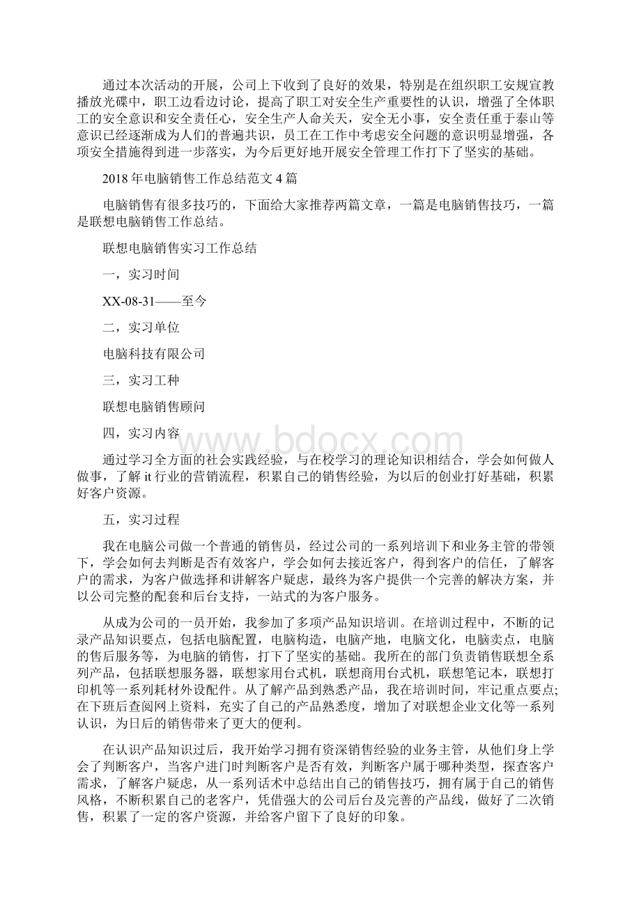 电站安全生产月活动总结与电脑销售工作总结范文4篇汇编.docx_第2页