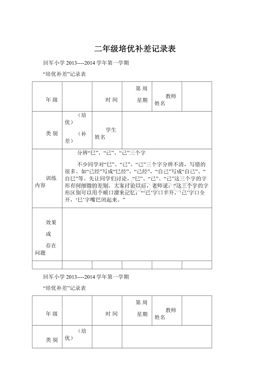 二年级培优补差记录表文档格式.docx