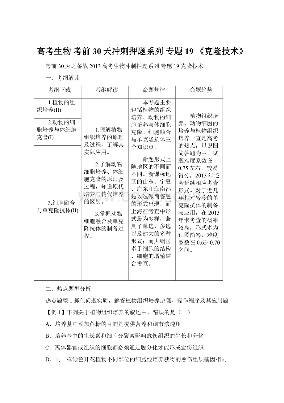 高考生物 考前30天冲刺押题系列 专题19 《克隆技术》.docx_第1页