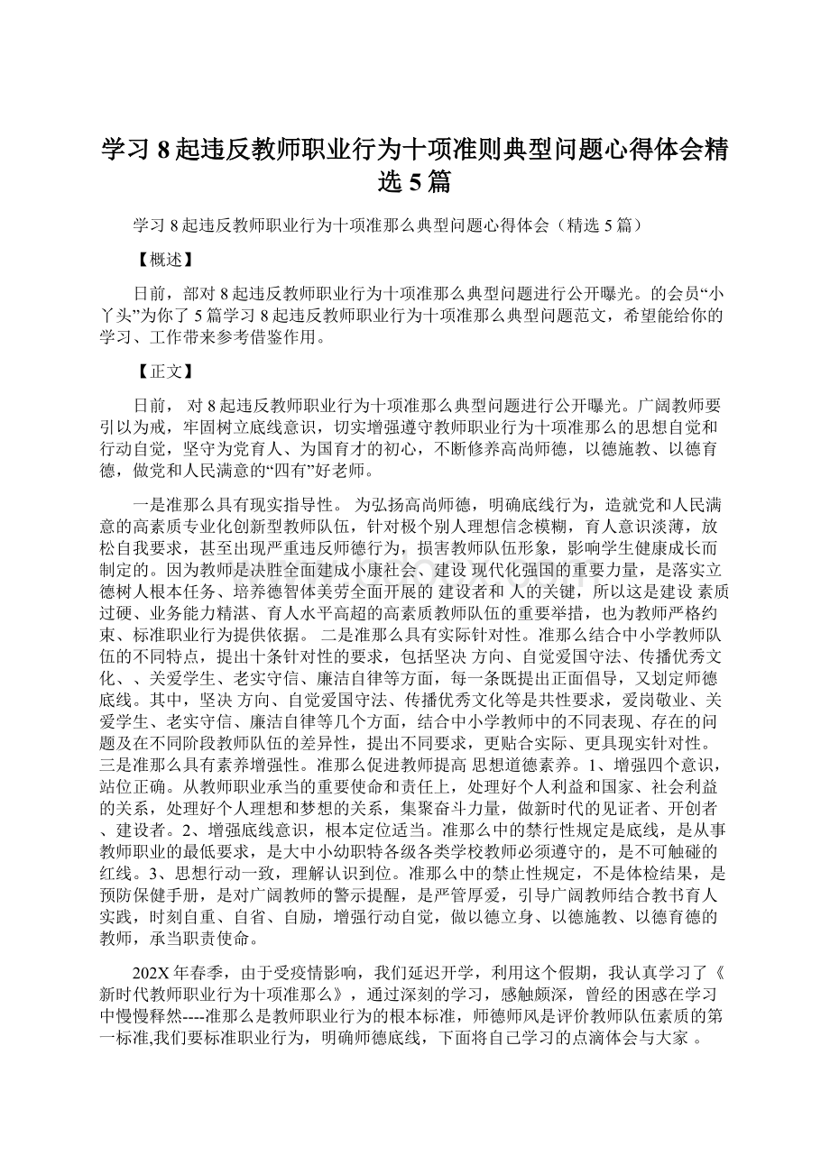 学习8起违反教师职业行为十项准则典型问题心得体会精选5篇.docx