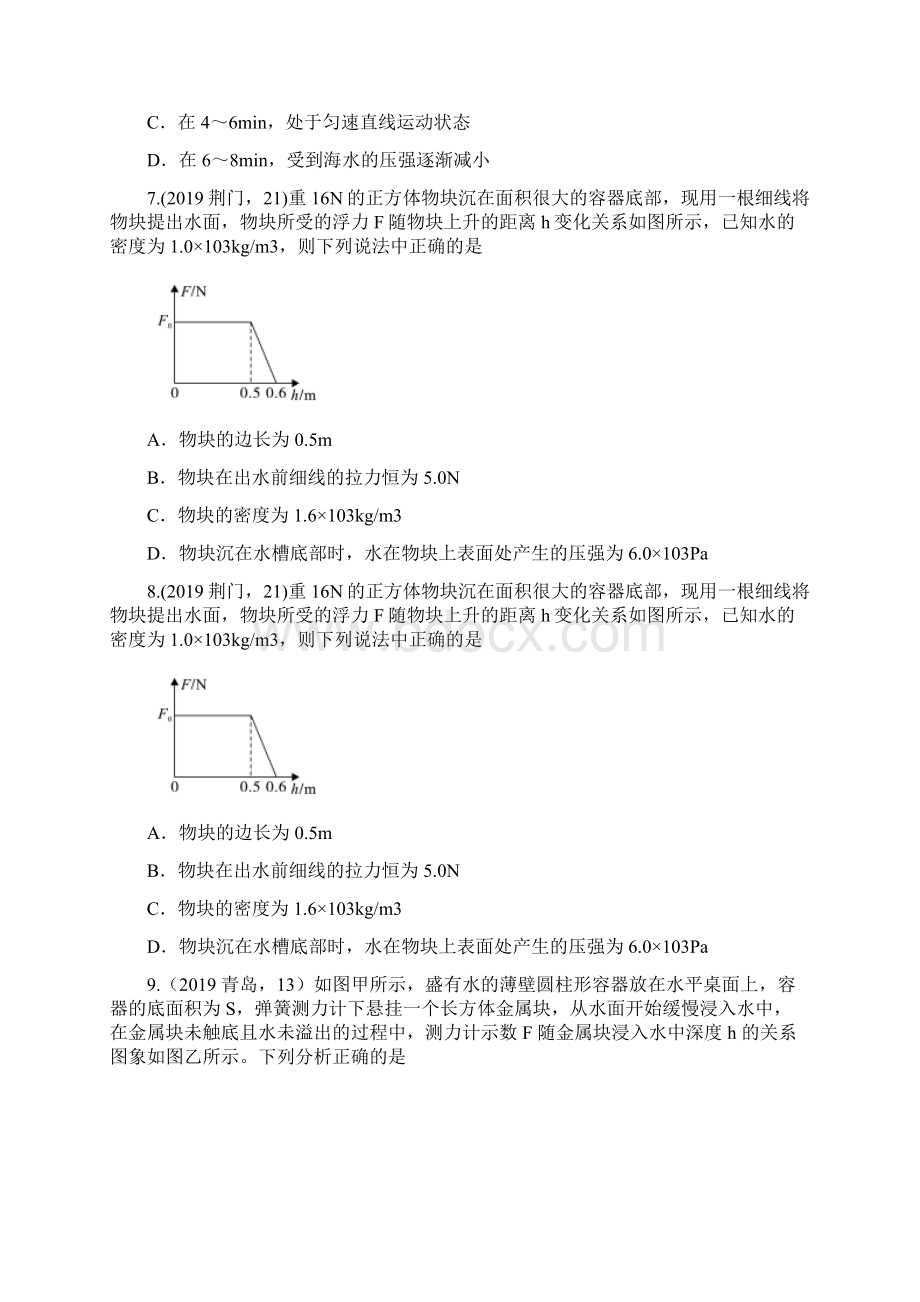 中考物理试题分类汇编五20浮力图像分析专题答案解析版在后面.docx_第3页