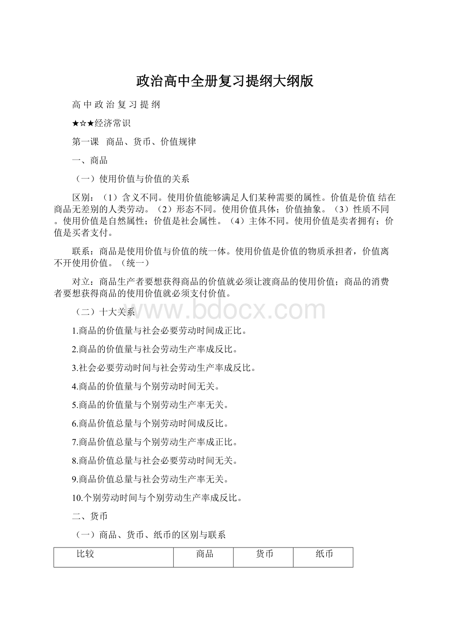 政治高中全册复习提纲大纲版Word文档下载推荐.docx