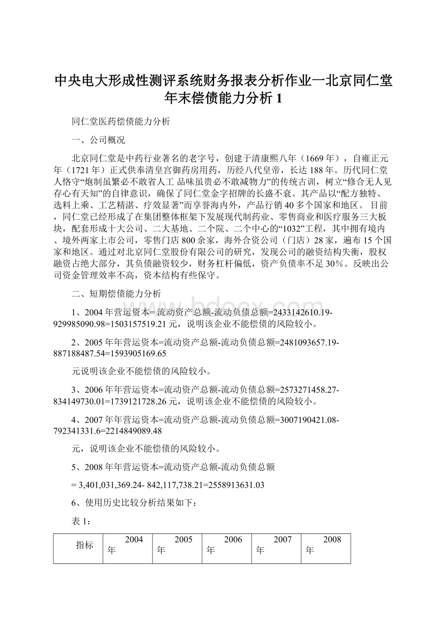 中央电大形成性测评系统财务报表分析作业一北京同仁堂年末偿债能力分析1.docx_第1页