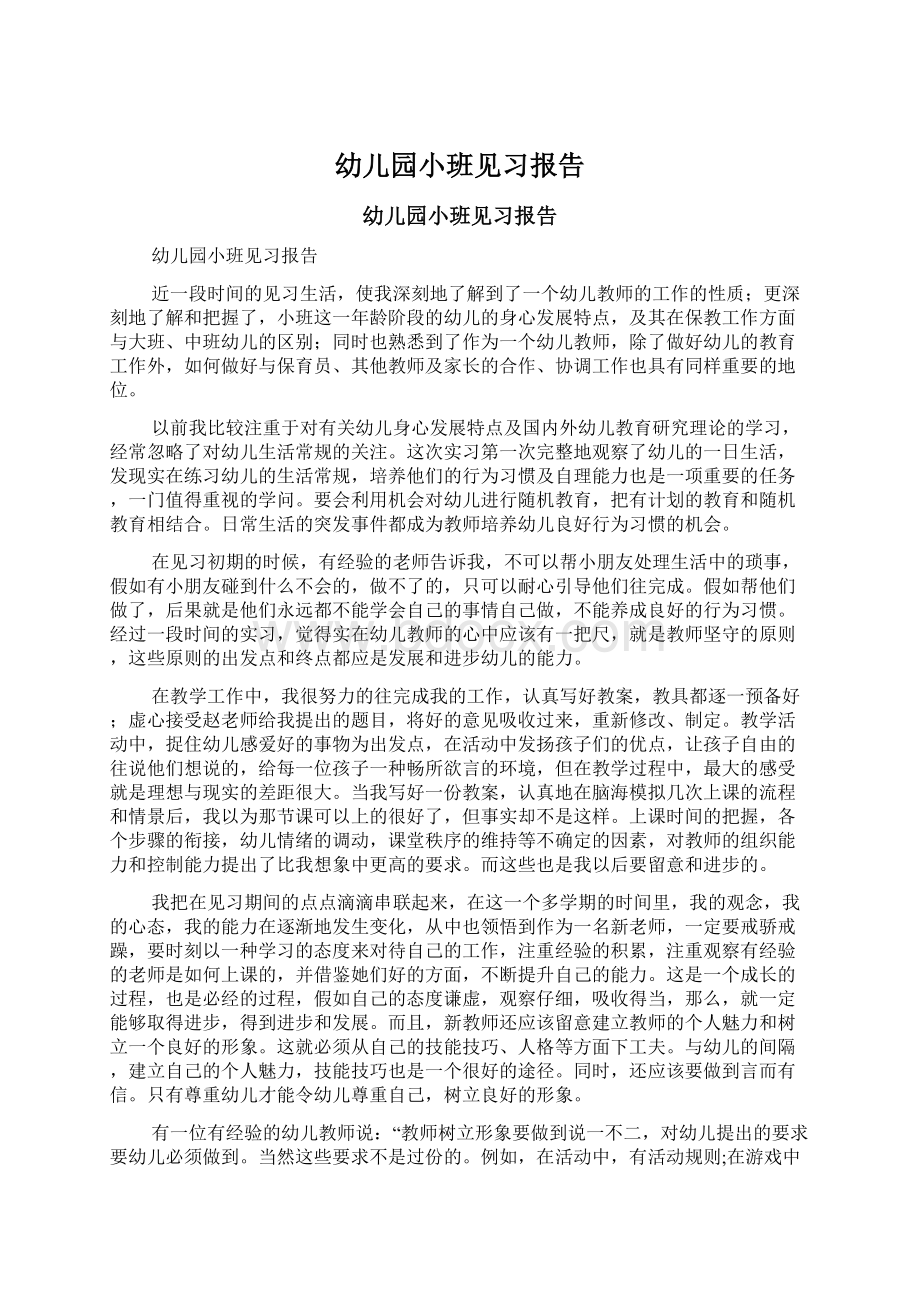 幼儿园小班见习报告Word格式文档下载.docx_第1页