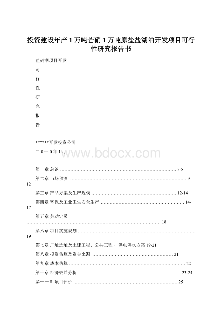 投资建设年产1万吨芒硝1万吨原盐盐湖泊开发项目可行性研究报告书.docx_第1页