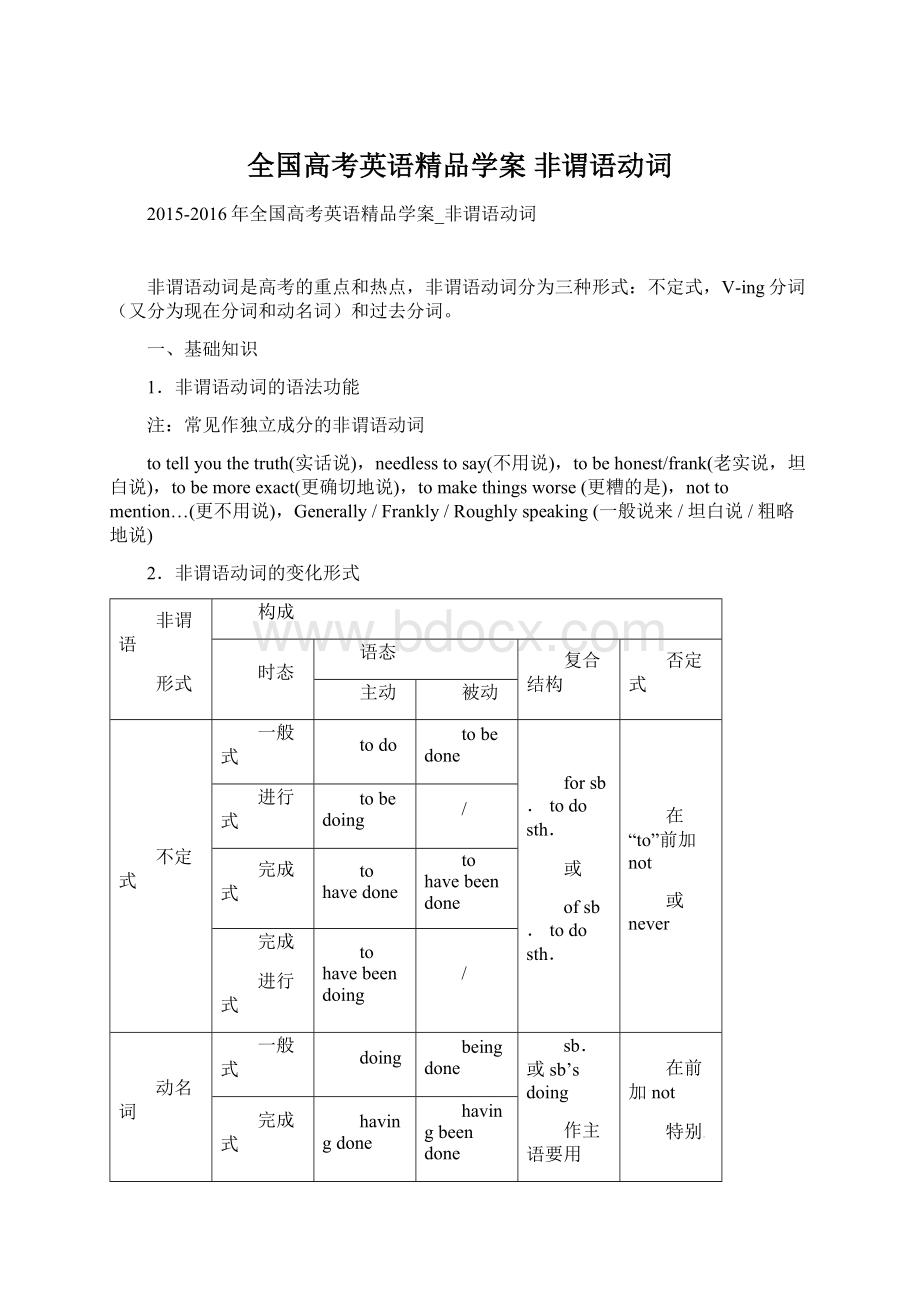 全国高考英语精品学案 非谓语动词Word文档格式.docx