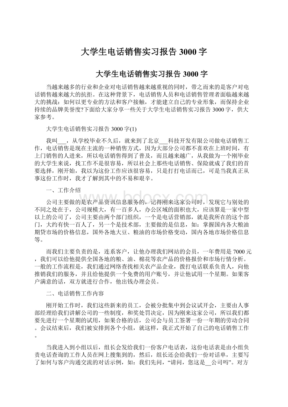 大学生电话销售实习报告3000字Word文档下载推荐.docx