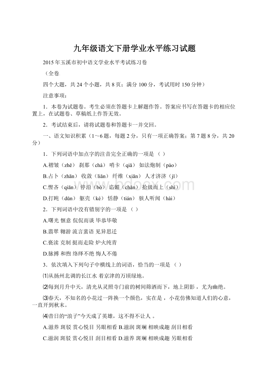 九年级语文下册学业水平练习试题Word格式.docx_第1页