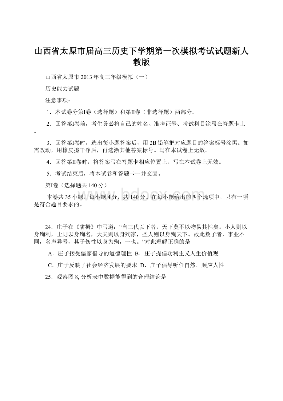 山西省太原市届高三历史下学期第一次模拟考试试题新人教版Word下载.docx