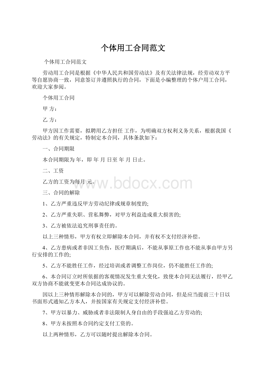 个体用工合同范文Word格式文档下载.docx