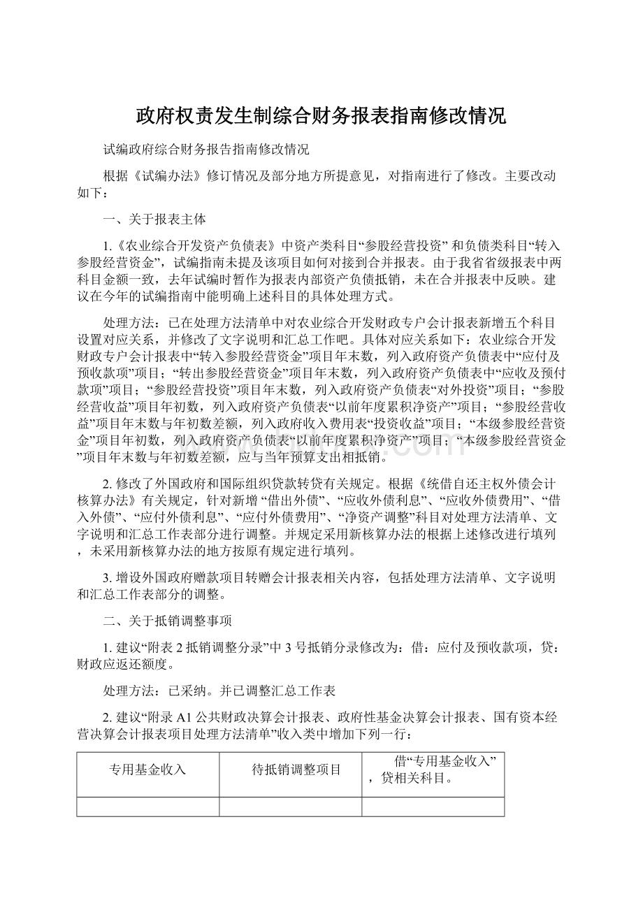 政府权责发生制综合财务报表指南修改情况Word文件下载.docx_第1页