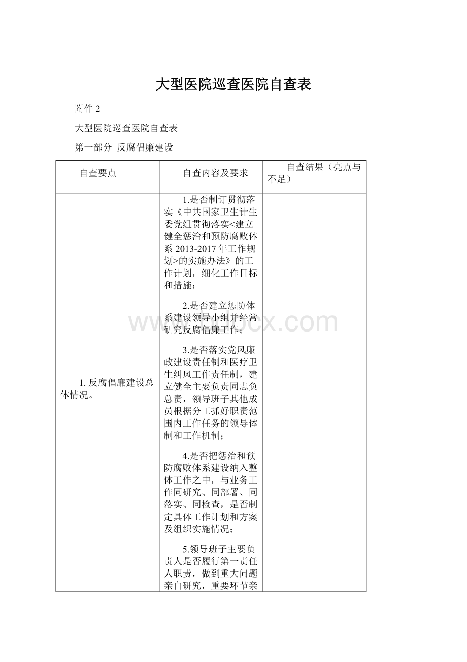 大型医院巡查医院自查表Word下载.docx