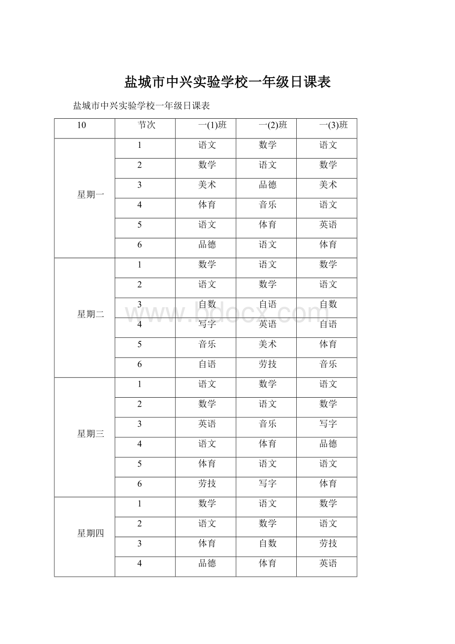 盐城市中兴实验学校一年级日课表Word格式.docx_第1页