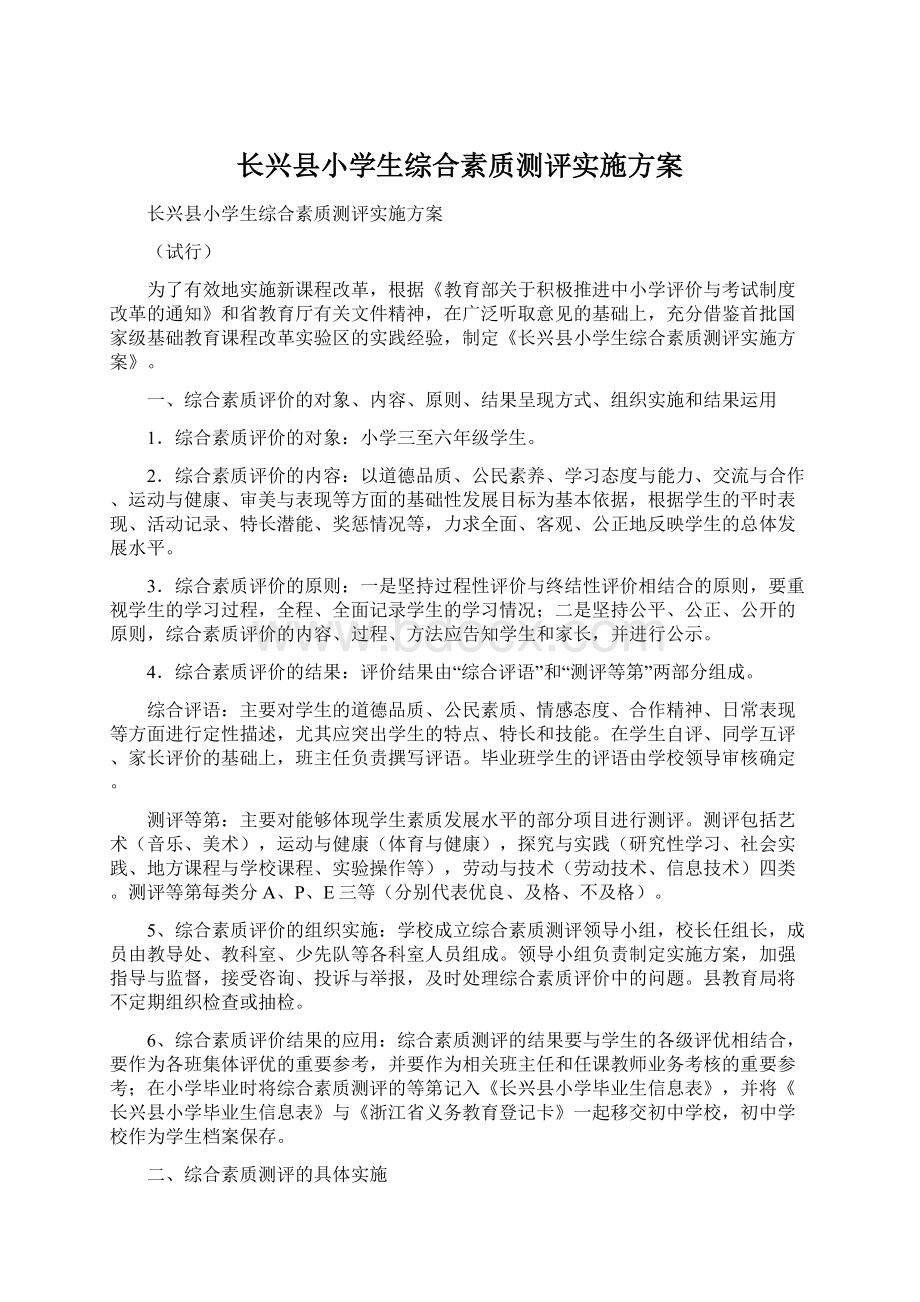 长兴县小学生综合素质测评实施方案文档格式.docx