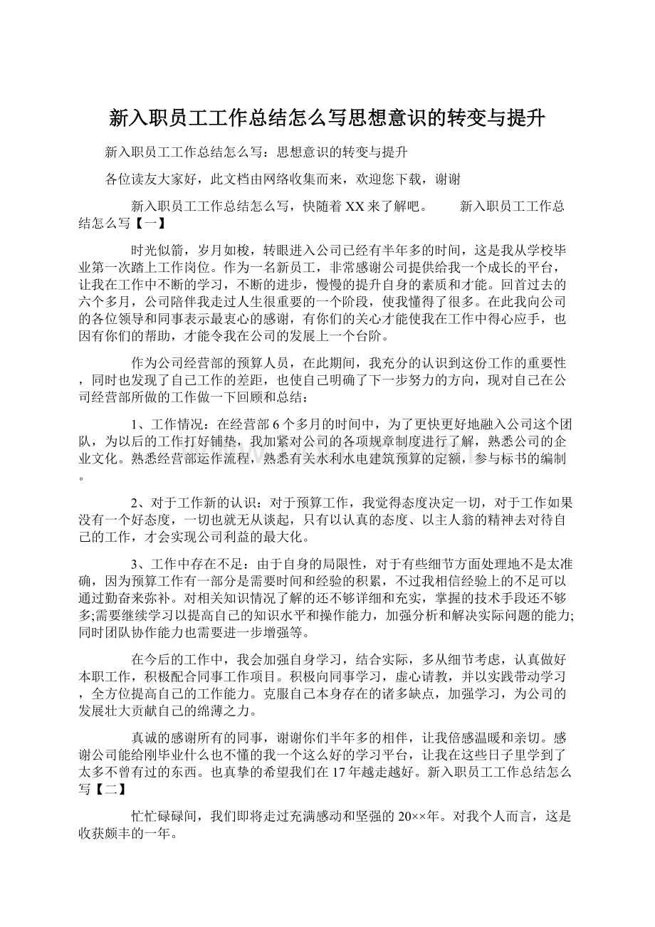 新入职员工工作总结怎么写思想意识的转变与提升Word文档格式.docx_第1页