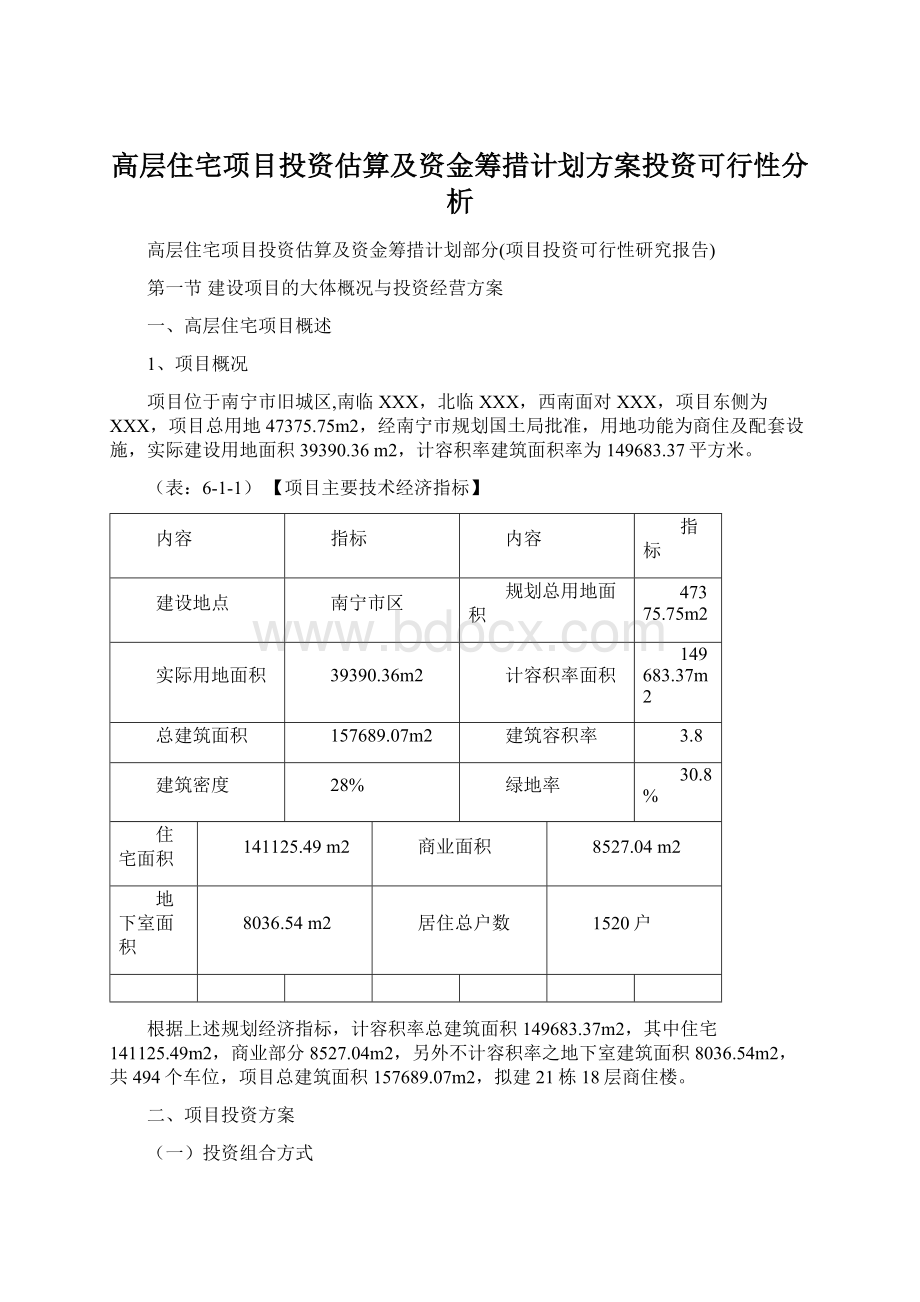 高层住宅项目投资估算及资金筹措计划方案投资可行性分析Word文档格式.docx