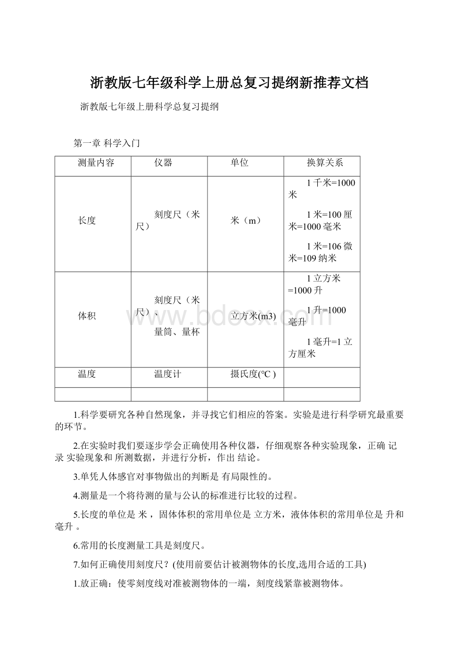 浙教版七年级科学上册总复习提纲新推荐文档.docx_第1页