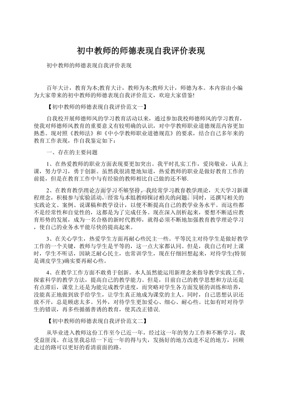 初中教师的师德表现自我评价表现Word文档格式.docx